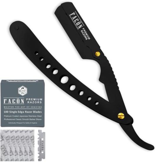 Picture of 100 BLADES + Facon Professional Classic Straight Edge Barber Razor - Salon Quality Cut Throat Shavette For Generic SHAVER 
